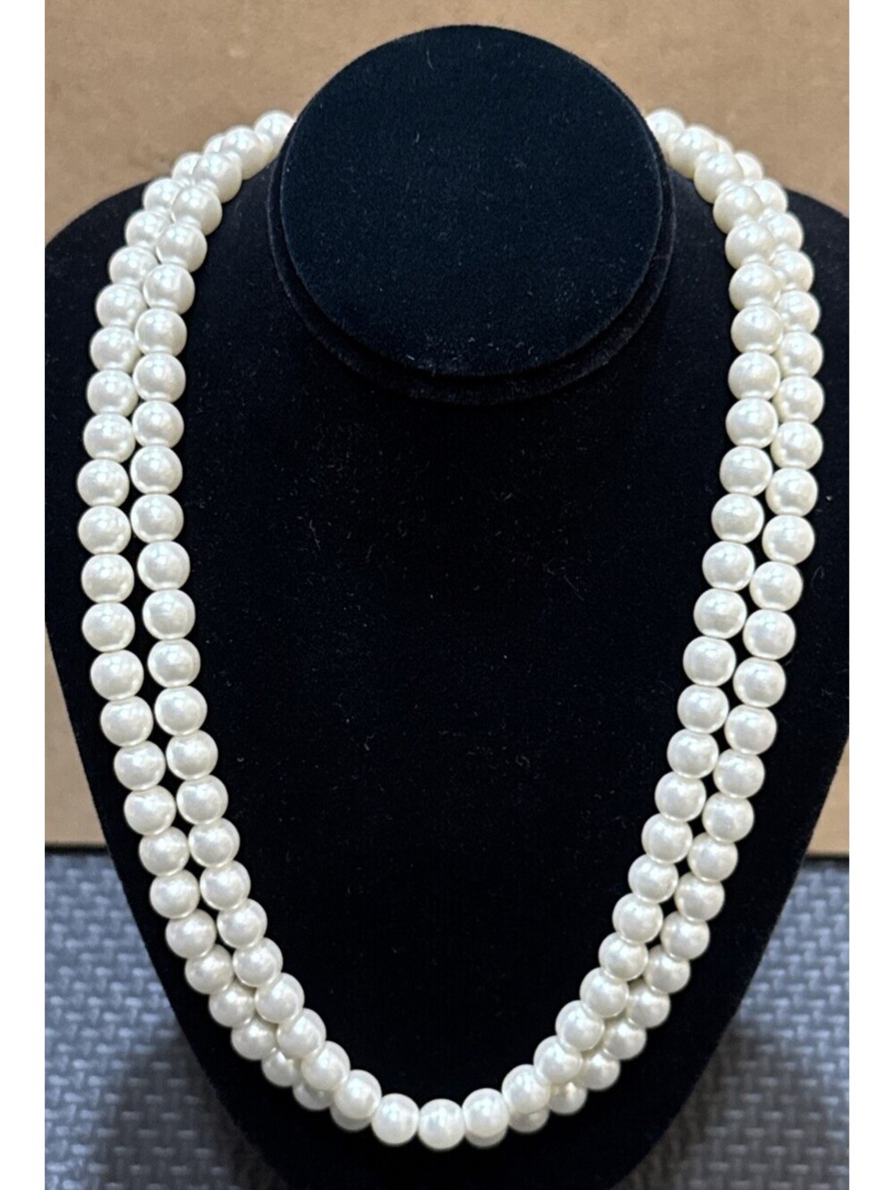 Vintage Faux Pearl Necklace Double Strand | Gemstone Clasp | 16” Length